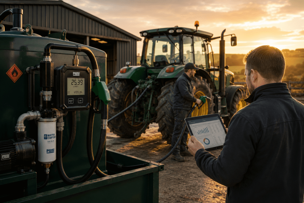 Digital diesel flow meter installed on a fuel storage tank at an Irish farm