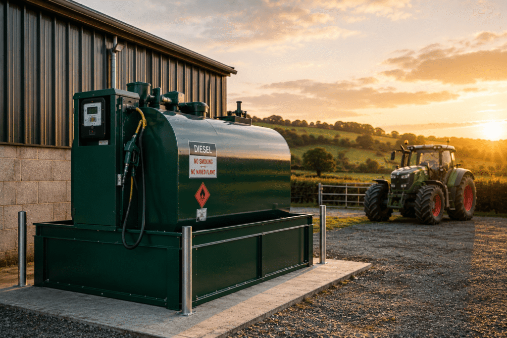 Modern bunded diesel fuel storage tank installed on an Irish farm