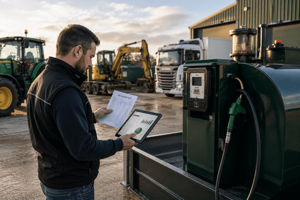 Fleet manager monitoring diesel fuel usage on a tablet beside a fuel storage tank