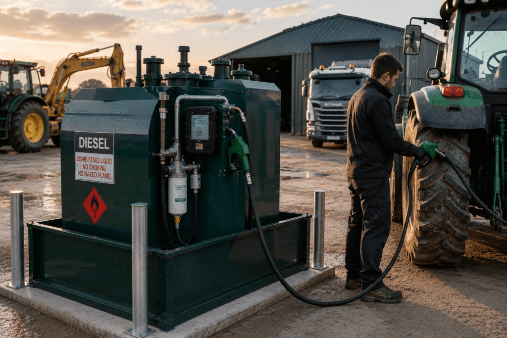 Bunded diesel storage tank with flow meter and filtration system on an Irish farm