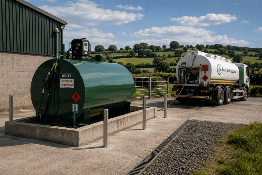 Diesel fuel storage tank installed on a level concrete base with safe access for deliveries