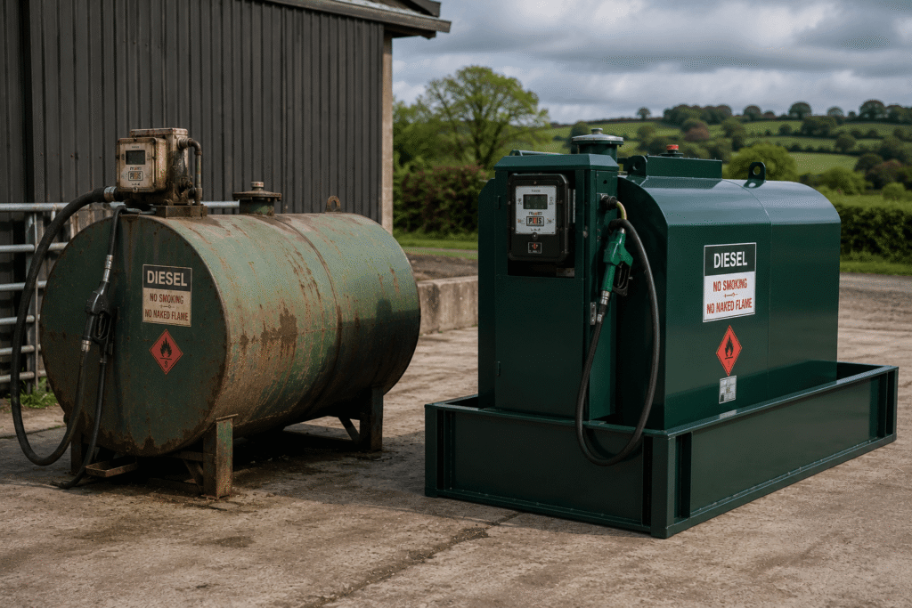 Single-skin and bunded diesel fuel tanks on an Irish farm for comparison