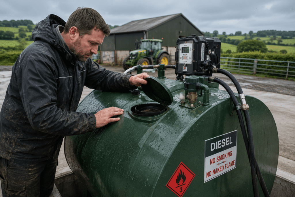Farmer inspecting a diesel fuel storage tank to prevent water contamination