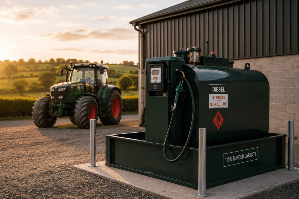 Bunded diesel fuel storage tank serving agricultural and commercial vehicles