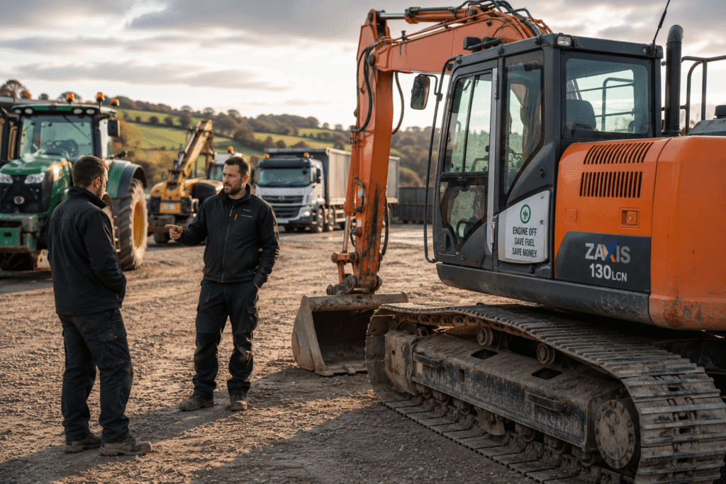 Construction machinery parked with engines switched off to reduce diesel consumption