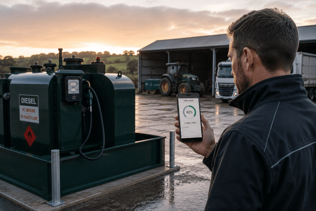 Farm owner checking diesel tank levels remotely using a smartphone