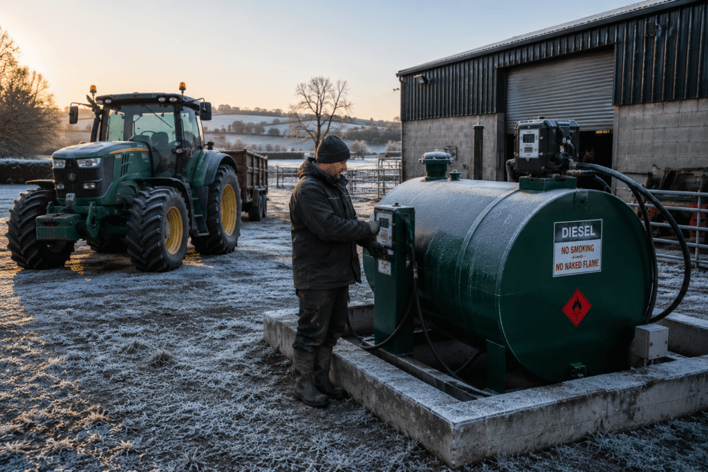 Diesel fuel storage tank on an Irish farm during frosty winter conditions
