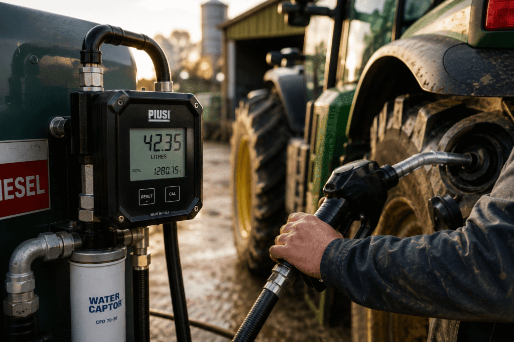 Digital diesel flow meter measuring fuel during tractor refuelling