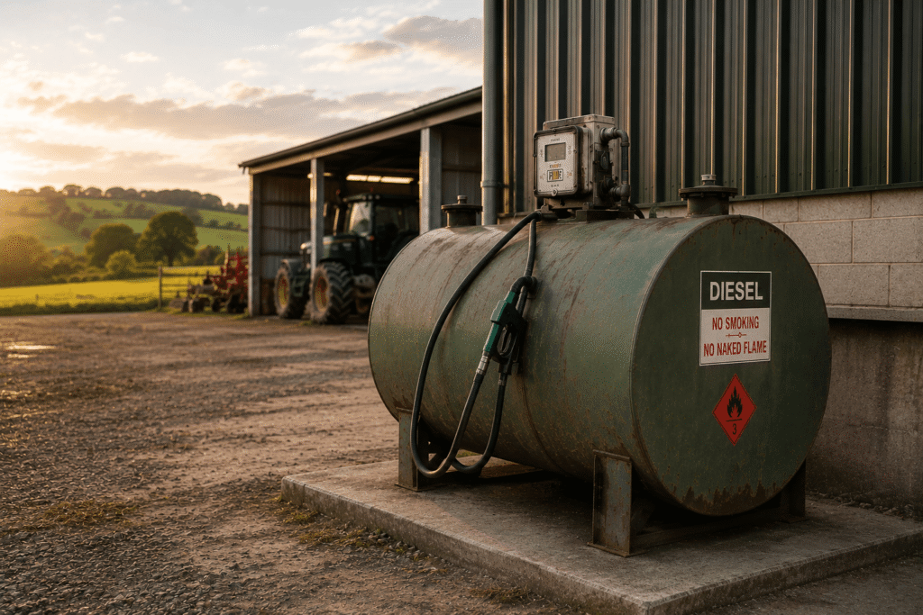 Older single-skin diesel fuel tank used in a sheltered farm building