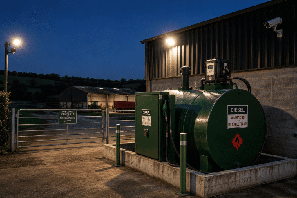 Secure diesel fuel storage tank with locked pump cabinet and security lighting
