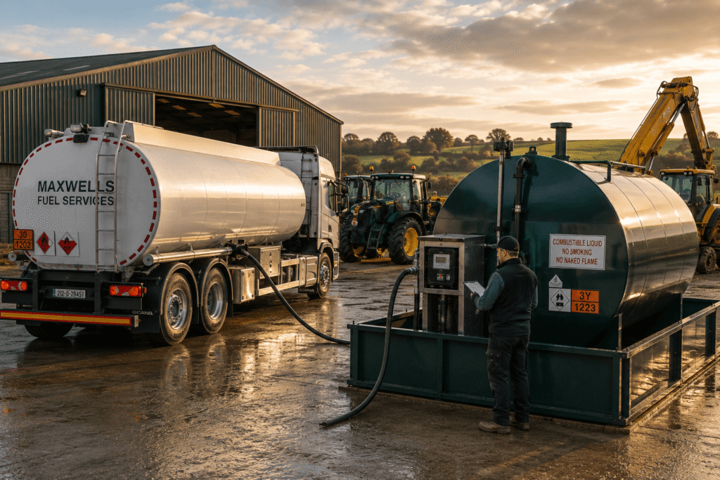Bulk diesel fuel delivery to a bunded storage tank at an Irish fleet yard