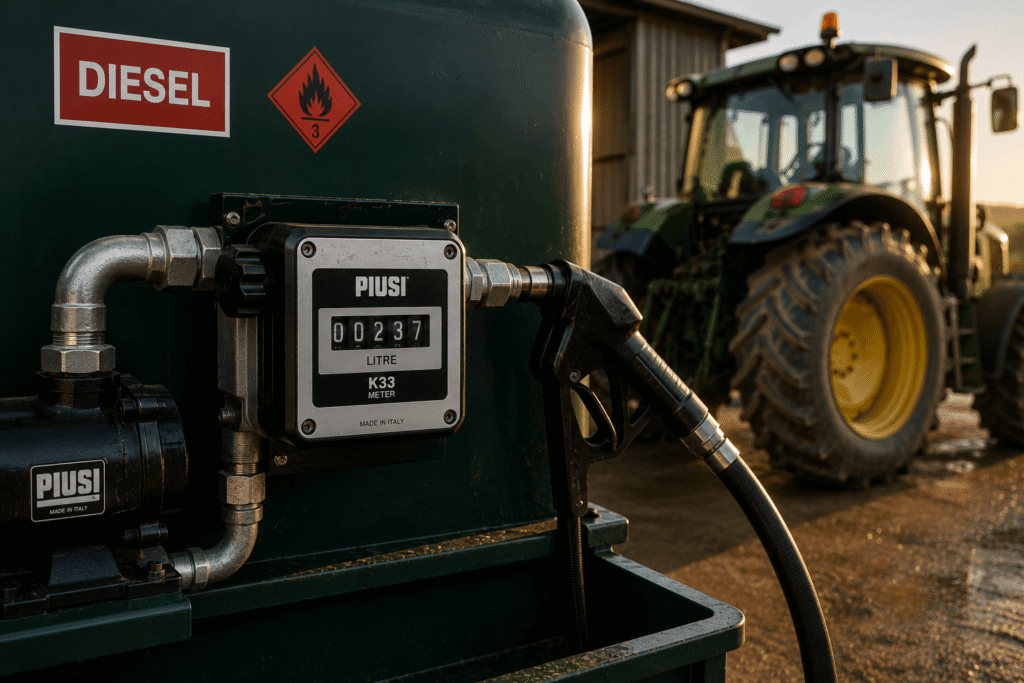 Mechanical diesel flow meter installed on a farm fuel dispensing system