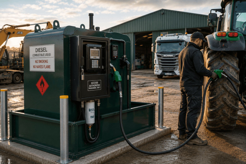 Secure diesel storage tank with controlled access fuel dispensing system
