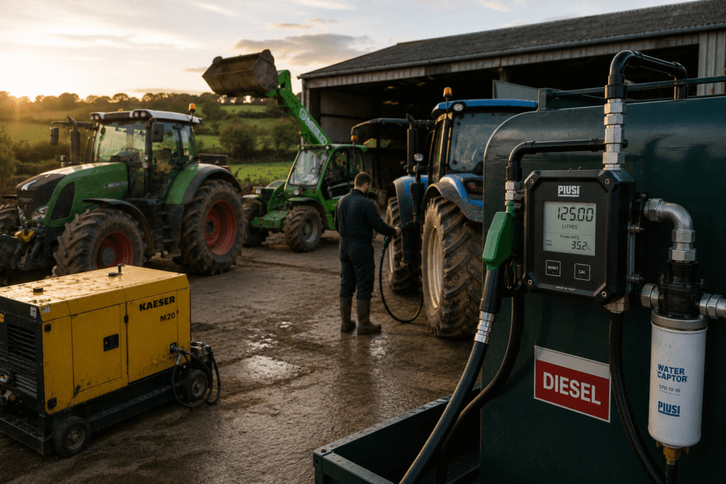 Flow meter tracking diesel usage across multiple farm machines