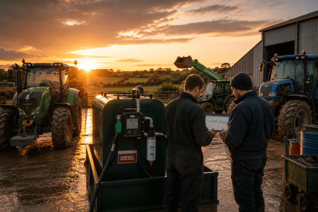 Modern Irish farm using a diesel flow meter to improve fuel management and efficiency