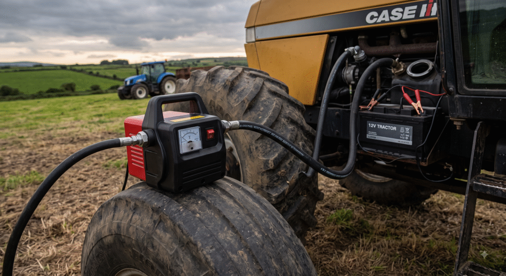 A portable 12V red and black diesel transfer pump sitting on a large tractor tire in a field at dusk. The pump is connected via clips to the tractor battery, actively refueling a Case IH tractor on location.