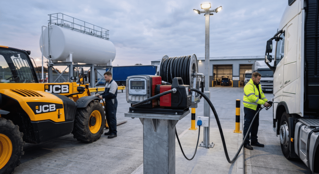 fixed, high-volume 230V electric diesel dispensing station located in a commercial fleet depot at twilight. The system is simultaneously refueling a JCB telehandler and a large white HGV. A large horizontal white diesel storage tank is in the background.