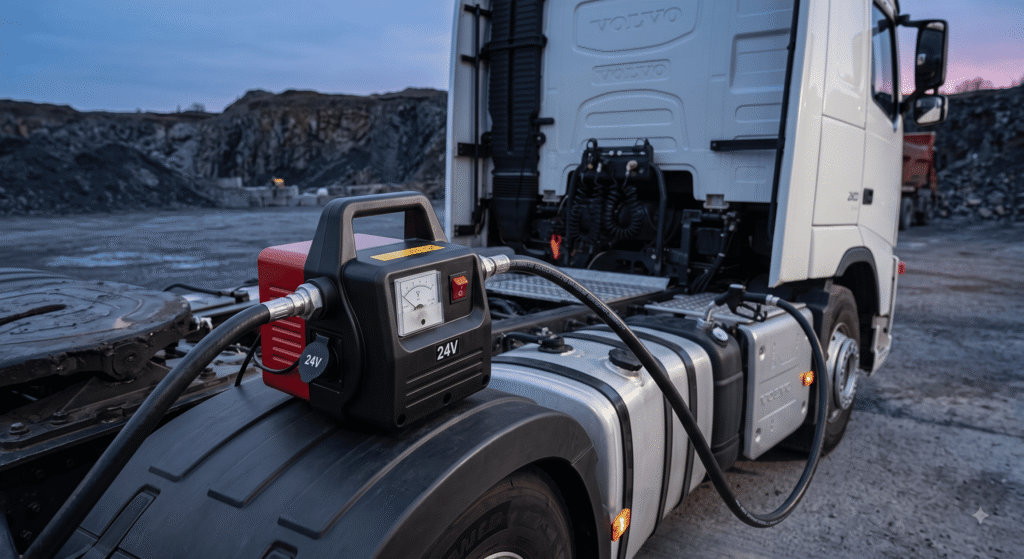 24V diesel transfer pump mounted directly onto the side chassis rail of a large, white Volvo articulated lorry at twilight. The pump is actively refueling the HGV from a quarry depot.