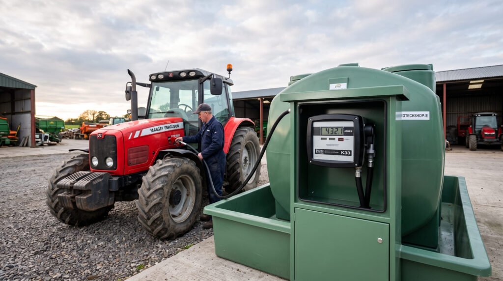 A farmer using a PIUSI K33 mechanical flow meter to fuel a tractor on an Irish farm.