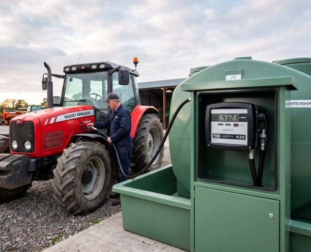 A farmer using a PIUSI K33 mechanical flow meter to fuel a tractor on an Irish farm.