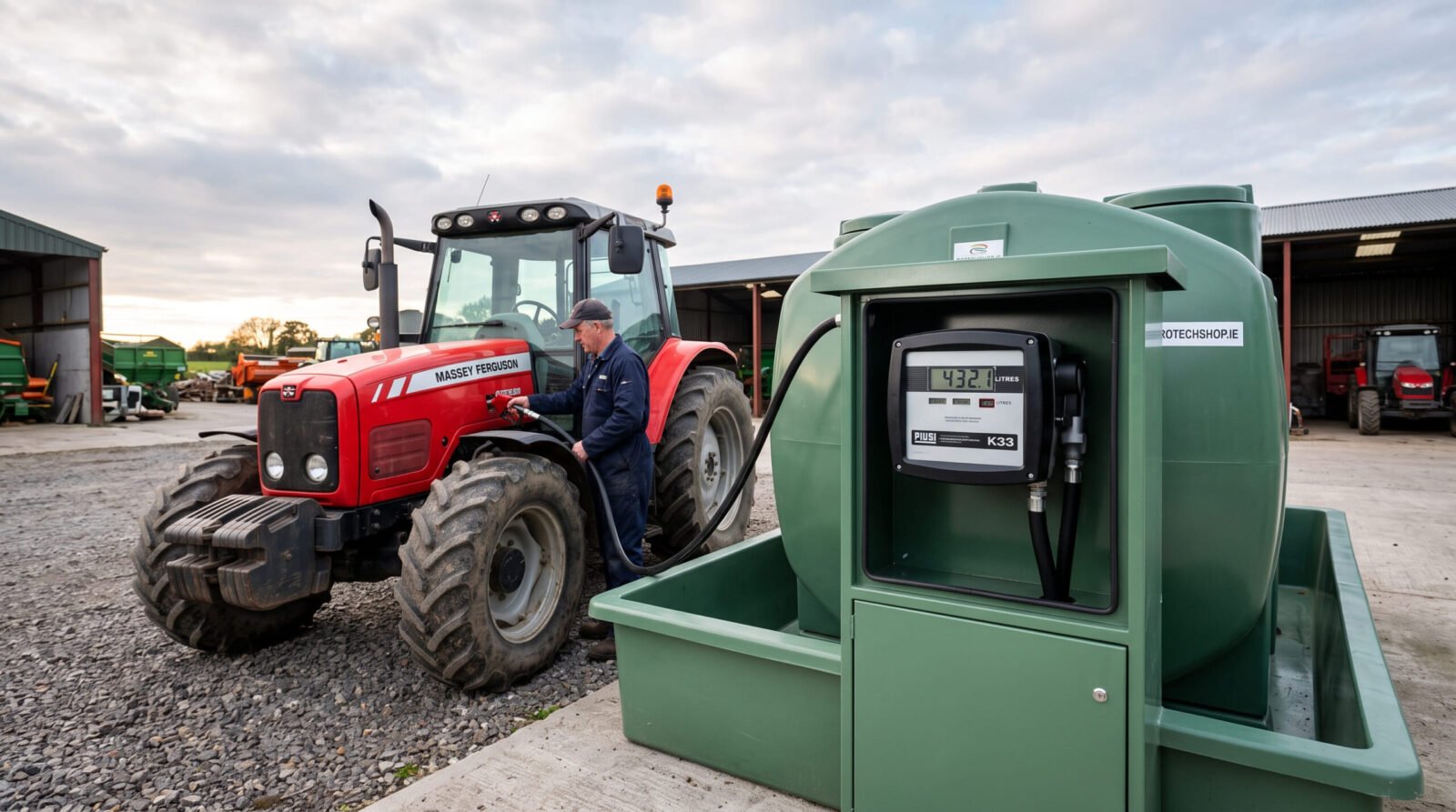 A farmer using a PIUSI K33 mechanical flow meter to fuel a tractor on an Irish farm.