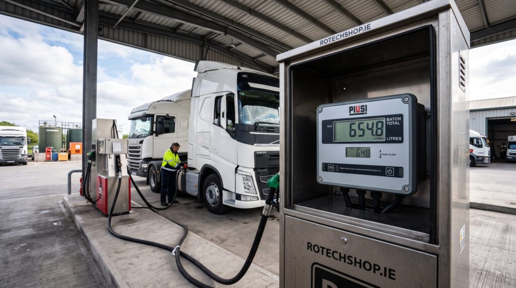 A high-flow digital fuel flow meter monitoring diesel usage at a commercial fleet refueling depot.