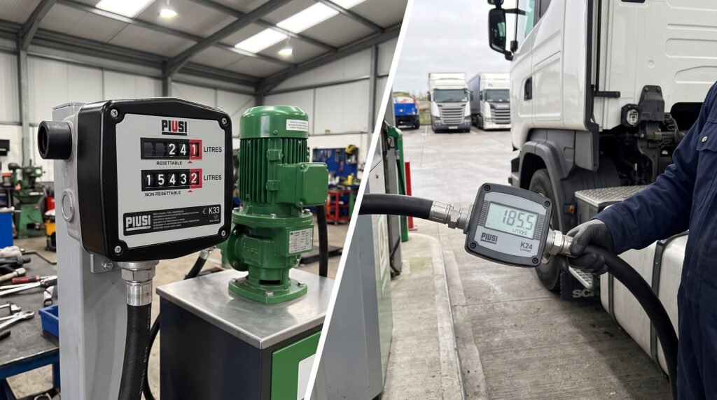 A side-by-side comparison of a mechanical fuel flow meter and a digital fuel flow meter.