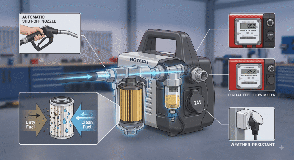 infographic diagram illustrating a ROTECH branded diesel transfer pump system with an integrated cross-section of a fuel filter assembly. The diagram shows how the filter cartridge separates water and dirt from the fuel. Inset callouts highlight the automatic nozzle and digital flow meter.