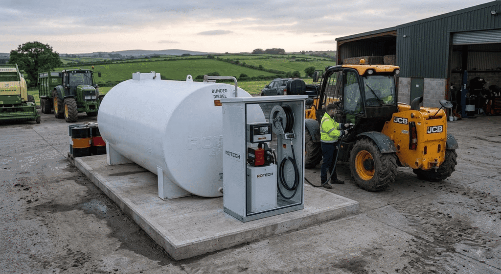 A heavy-duty, double-walled fixed bunded diesel storage tank installed on a concrete pad in a farmyard depot with an integrated electric pump dispenser.