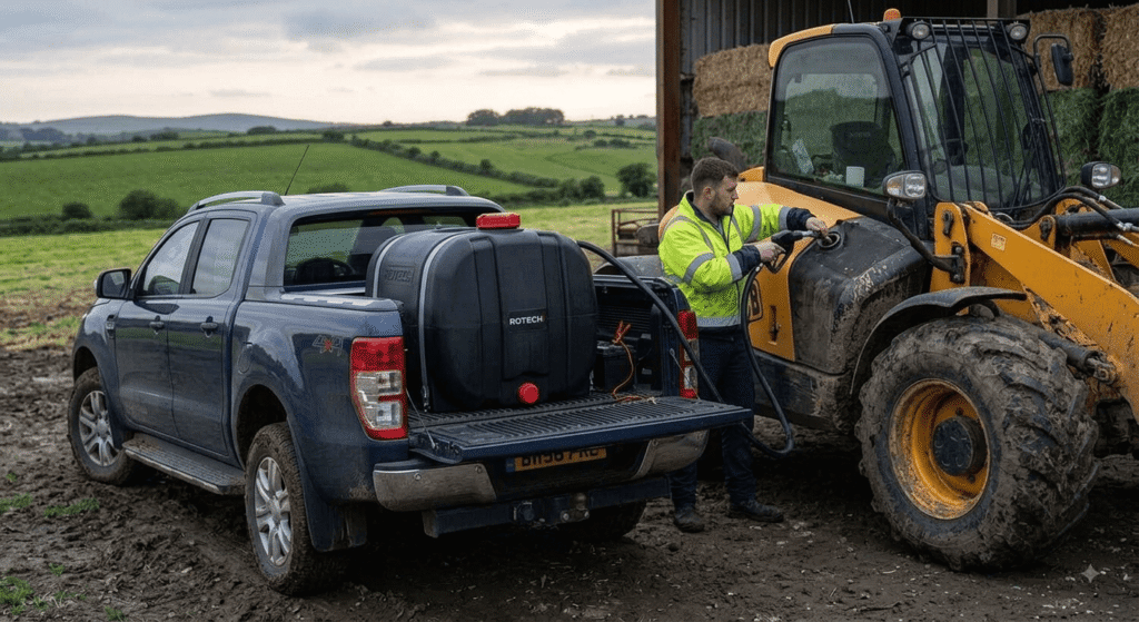 A 200L mobile diesel transfer tank strapped in the bed of a pickup truck, with an operator using the hose to refuel a tractor in an open field.