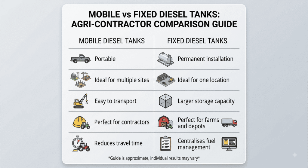 A clean infographic chart comparing Mobile Diesel Tanks versus Fixed Diesel Tanks across key decision factors like portability and capacity.