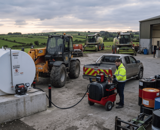 An Irish agricultural contractor yard at dusk showing a large white stationary bunded diesel storage tank alongside a portable mobile diesel tank loaded in a pickup truck, illustrating the choice between fixed and mobile fuel storage.