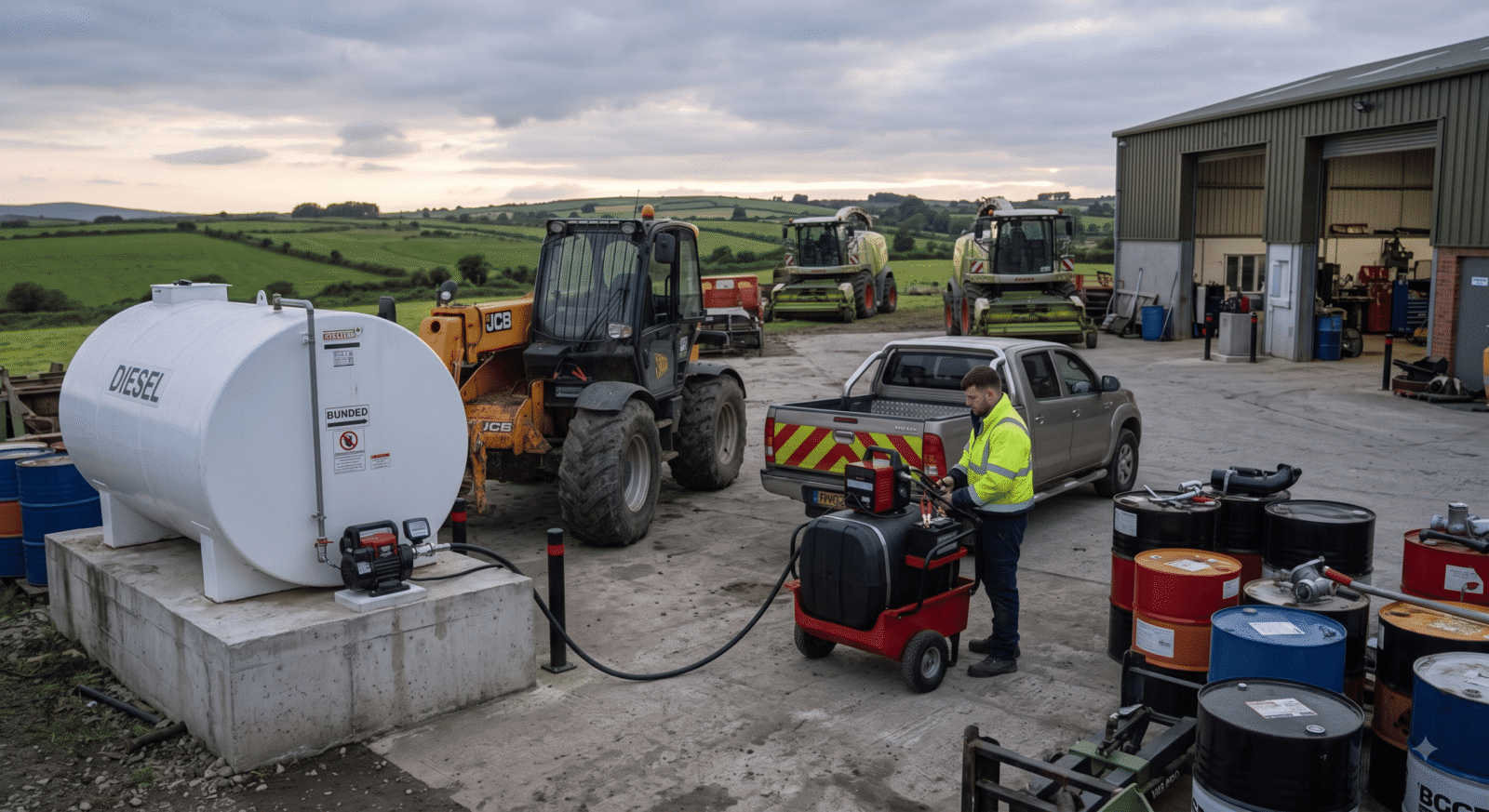 An Irish agricultural contractor yard at dusk showing a large white stationary bunded diesel storage tank alongside a portable mobile diesel tank loaded in a pickup truck, illustrating the choice between fixed and mobile fuel storage.