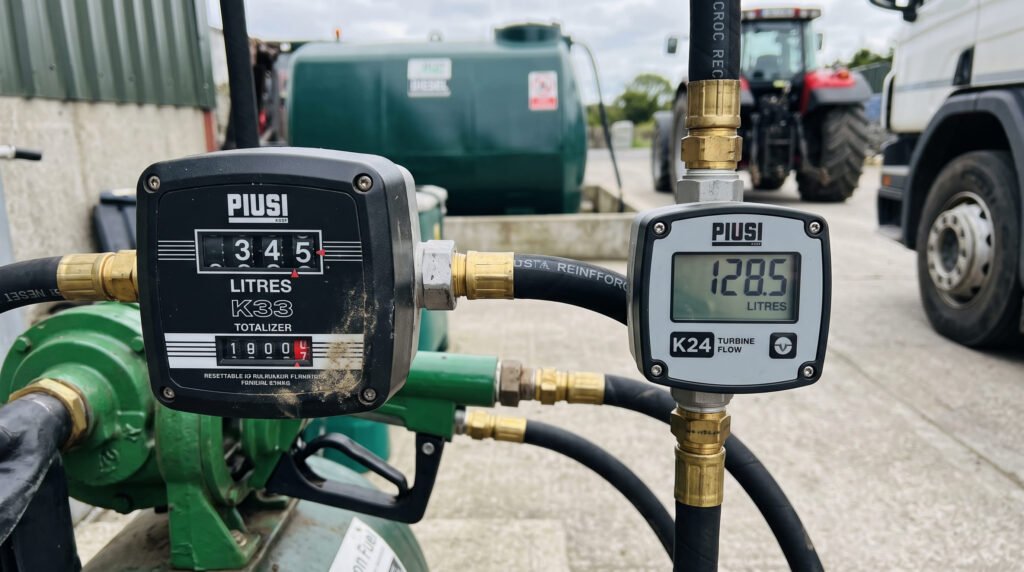 Two popular PIUSI diesel flow meters (mechanical K33 and digital K24) shown together.