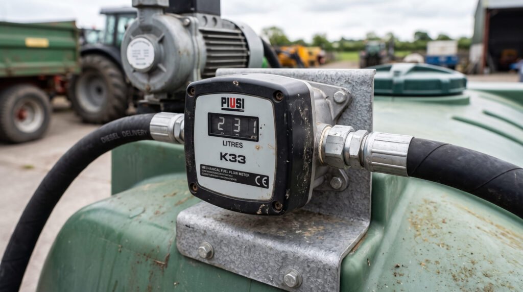 Close-up of a PIUSI K33 mechanical fuel flow meter installed inline on a diesel transfer hose.