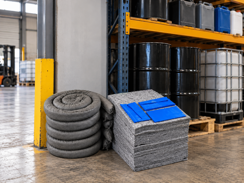 120 litre oil and chemical spill kit containing grey absorbent socks and pads with blue protective covers, positioned beside oil and lubricant storage drums in an industrial warehouse.