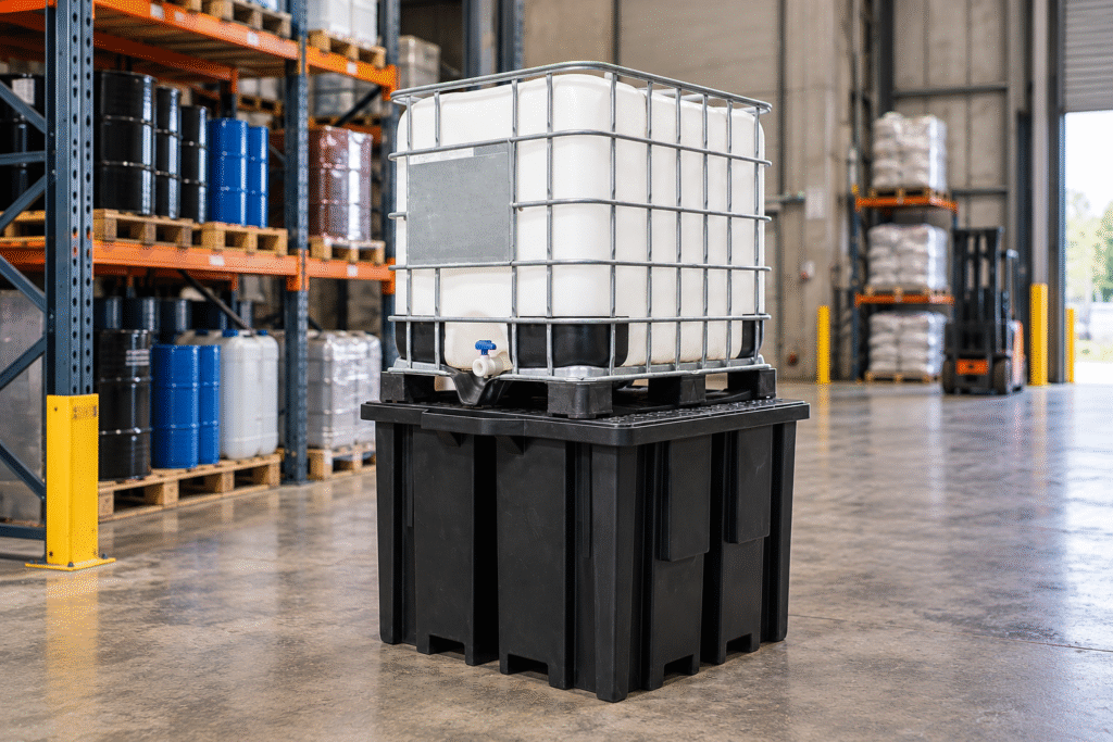 An IBC container positioned on an exact black plastic bunded pallet in a clean industrial warehouse, illustrating secondary containment for liquid storage.
