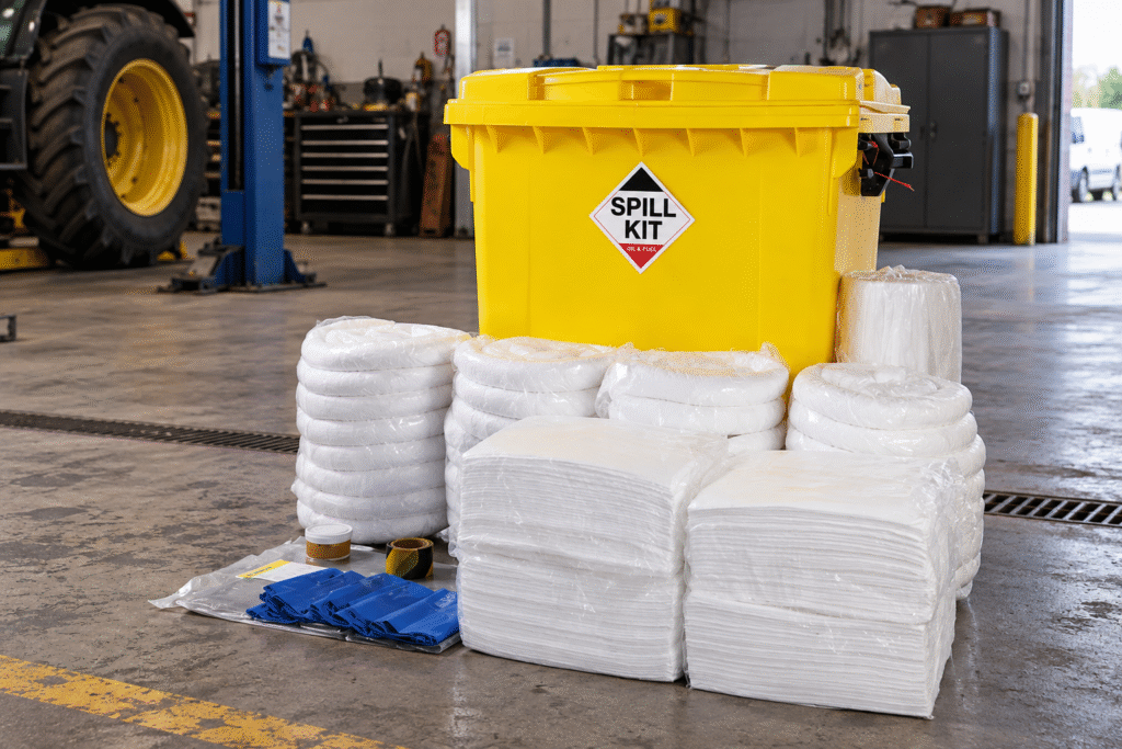 Yellow oil spill kit container with absorbent pads, rolls, socks and protective gloves arranged in front, ready for workshop and industrial spill response.
