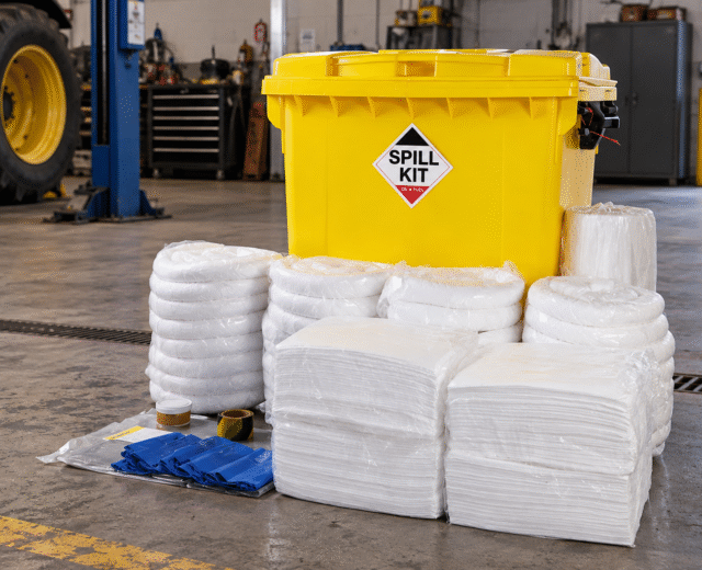 Yellow oil spill kit container with absorbent pads, rolls, socks and protective gloves arranged in front, ready for workshop and industrial spill response.