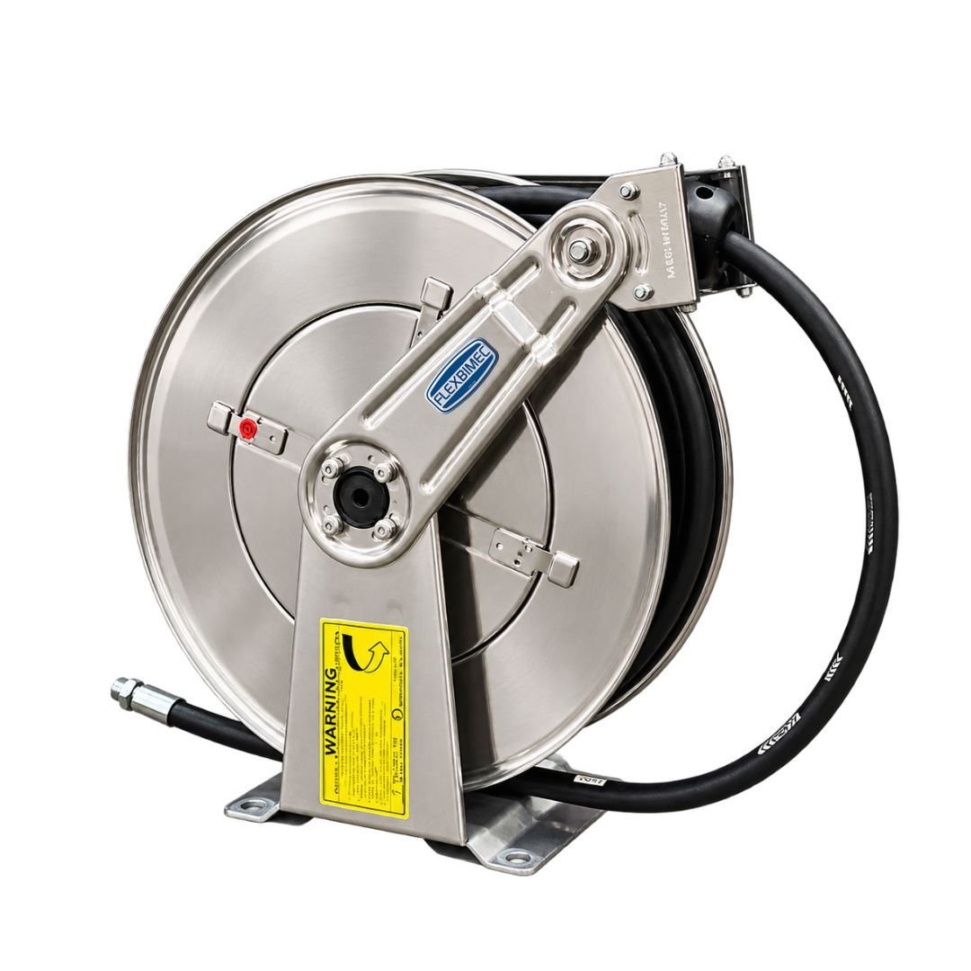 Stainless steel power washer hose reel with high pressure hose